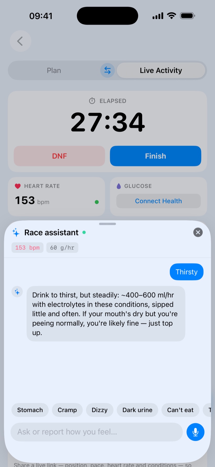 Dromeas in-race AI 'Race assistant' on iPhone: it shows live heart rate and fuelling rate, and answers a 'Thirsty' prompt with specific hydration advice for the conditions.