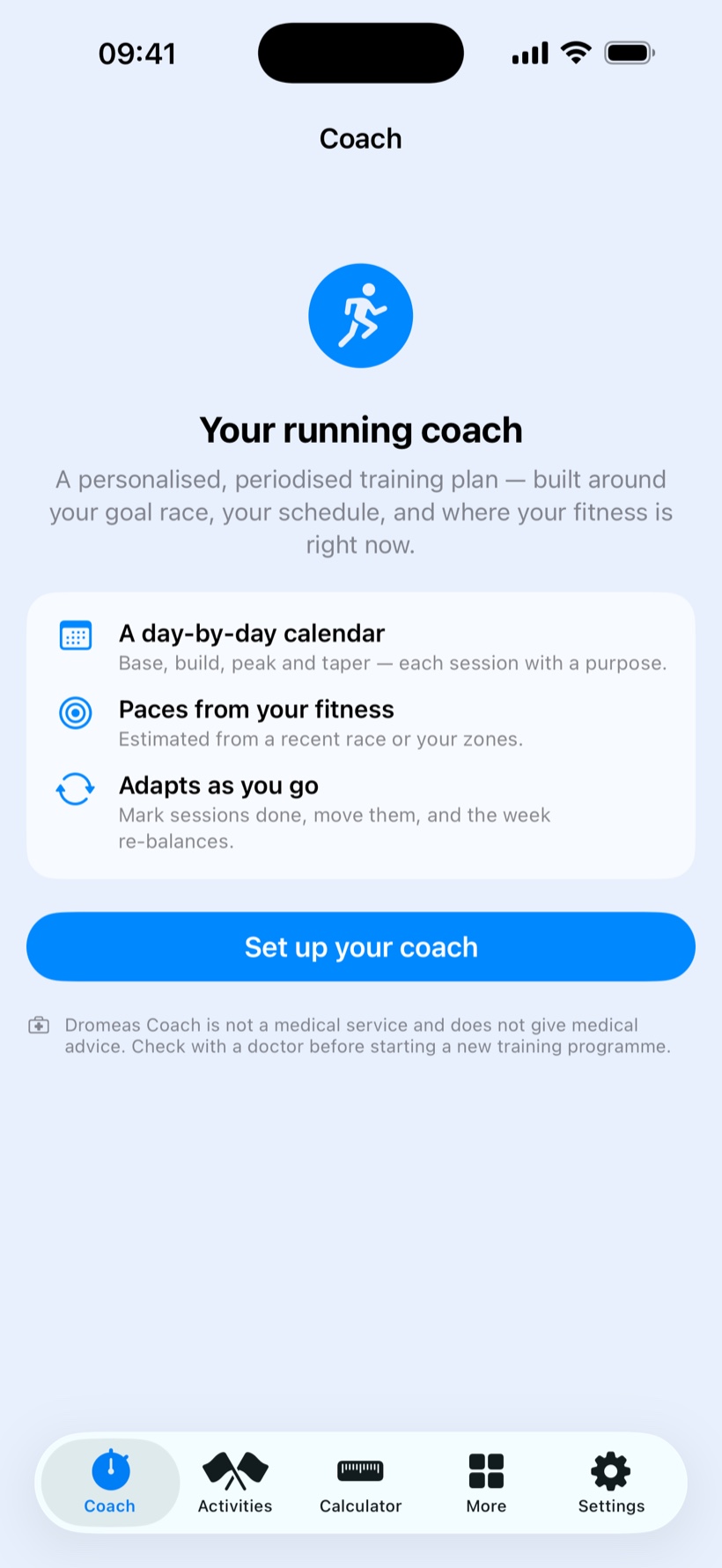Dromeas AI Coach on iPhone: a personalised, periodised training plan with a day-by-day calendar and paces set from your fitness.